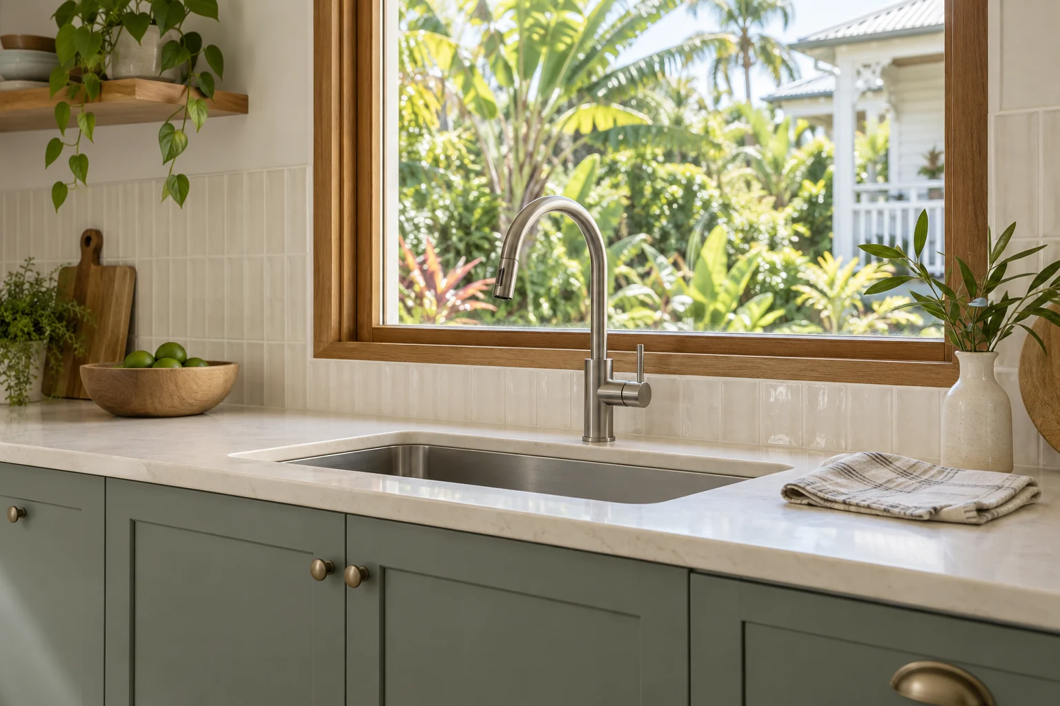 Kitchen mixer tap and sink beside a window.