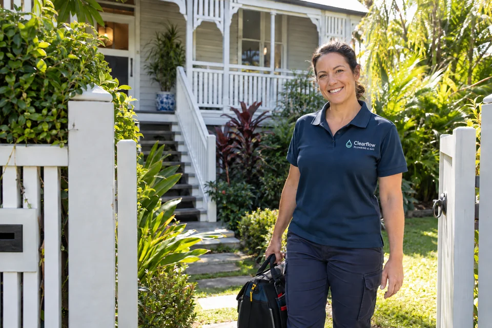 The fictional Clearflow plumber wearing the business logo and carrying a tool bag.