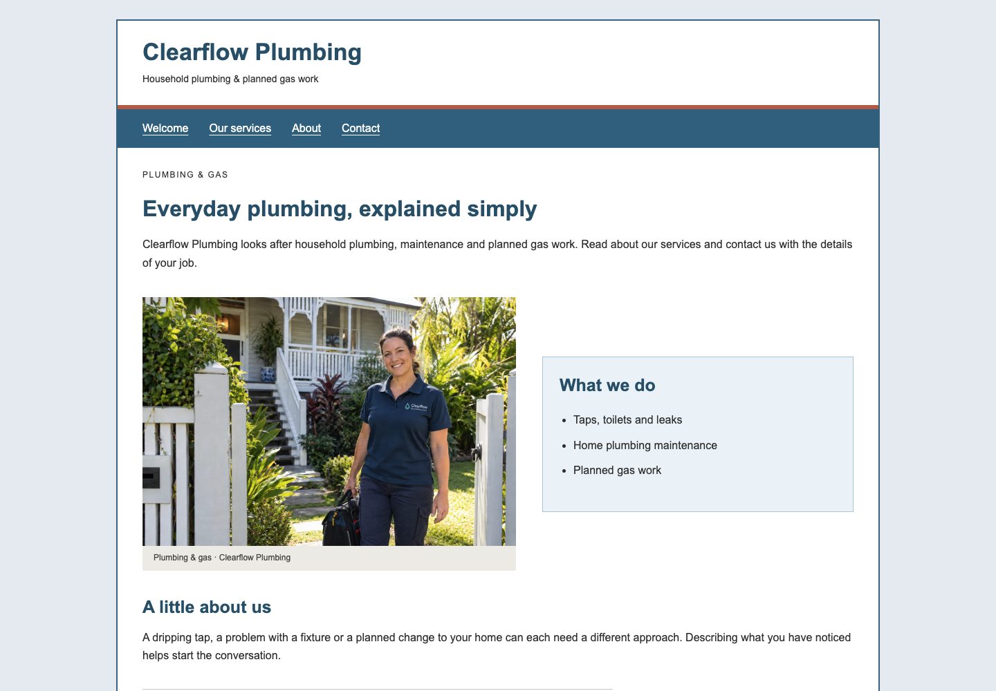 Clearflow fictional before homepage at desktop width