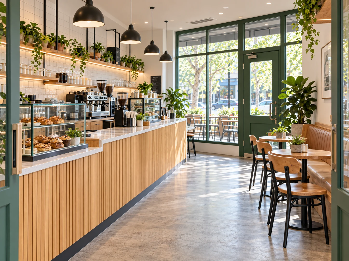Warm timber counter, green-framed shopfront and seating in a fictional café fit-out.