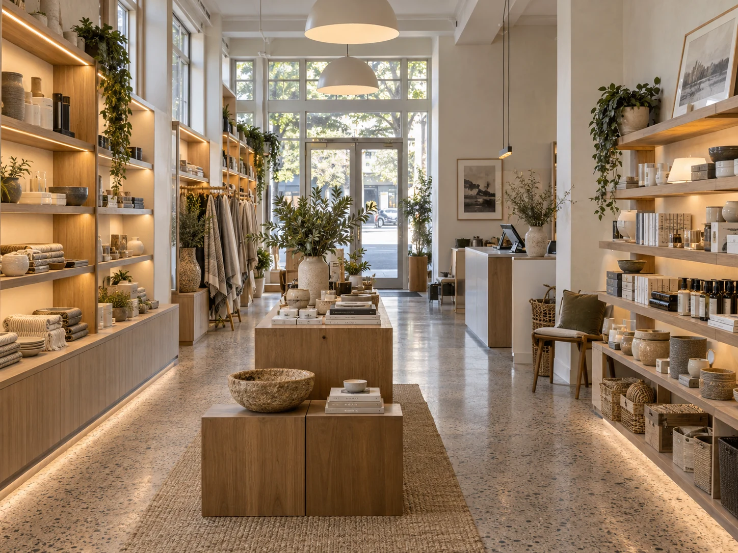 A fictional homewares shop with warm oak displays and clear circulation.
