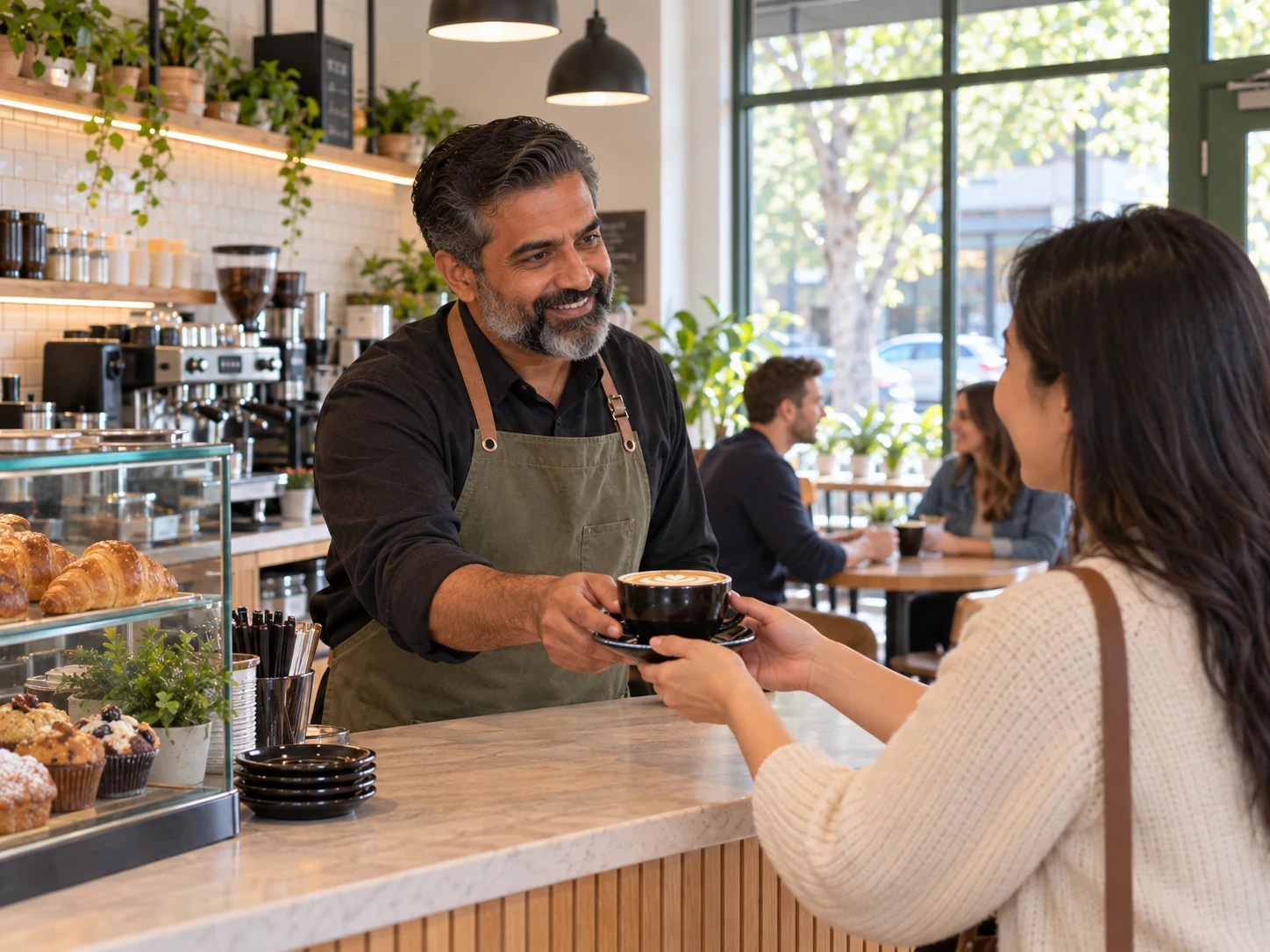 The café proprietor welcomes a customer at the timber counter.