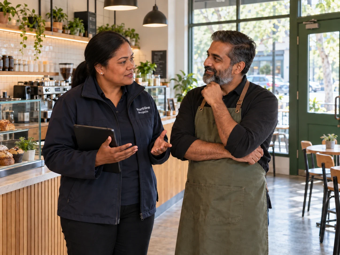 The Northline project lead talks with the café proprietor at the finished counter.