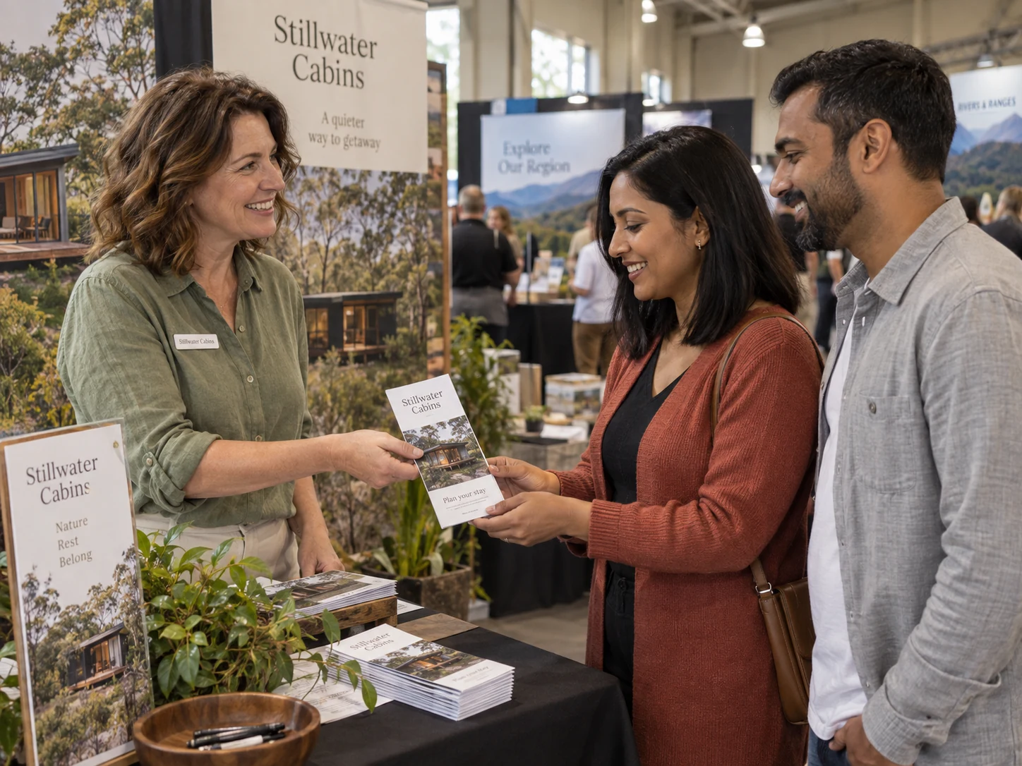 The Stillwater Cabins owner gives two travellers a folded cabin brochure at a regional tourism exhibition.