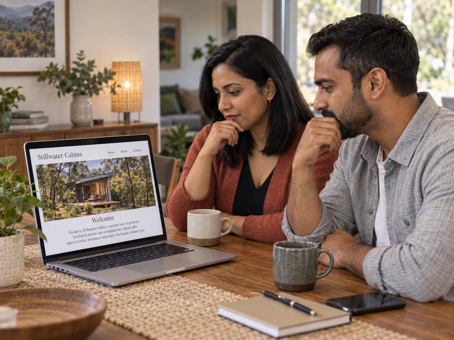 The travellers review a basic Stillwater Cabins website together at their home dining table.