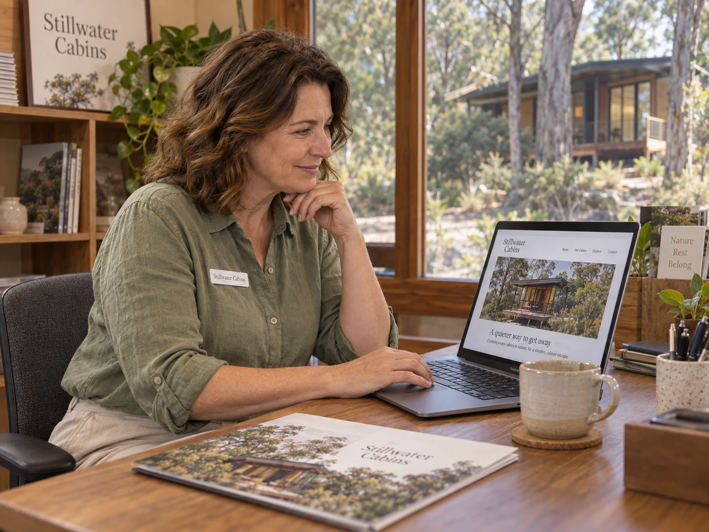 The cabin owner reviews the existing website at her timber reception desk.