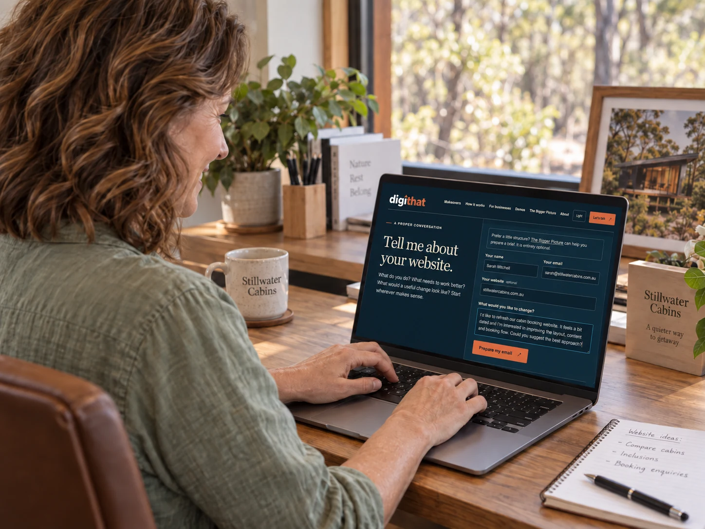 The cabin owner prepares an enquiry on the DigiThat website, with the DigiThat logo and orange email-preparation button visible.