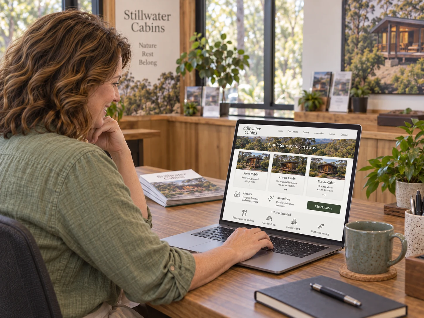 The cabin owner alone reviews a clearer website comparing River, Forest and Hillside cabins with amenities and a dates enquiry.