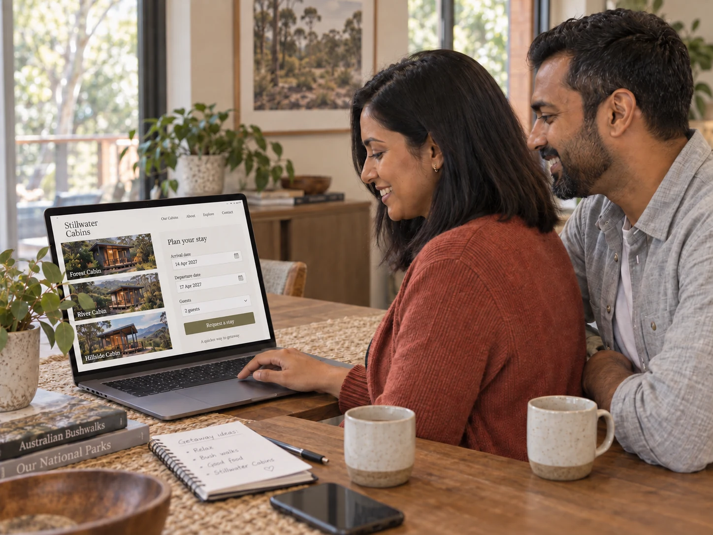The travellers review cabin choices and enter April 2027 dates in a request-a-stay form at home.