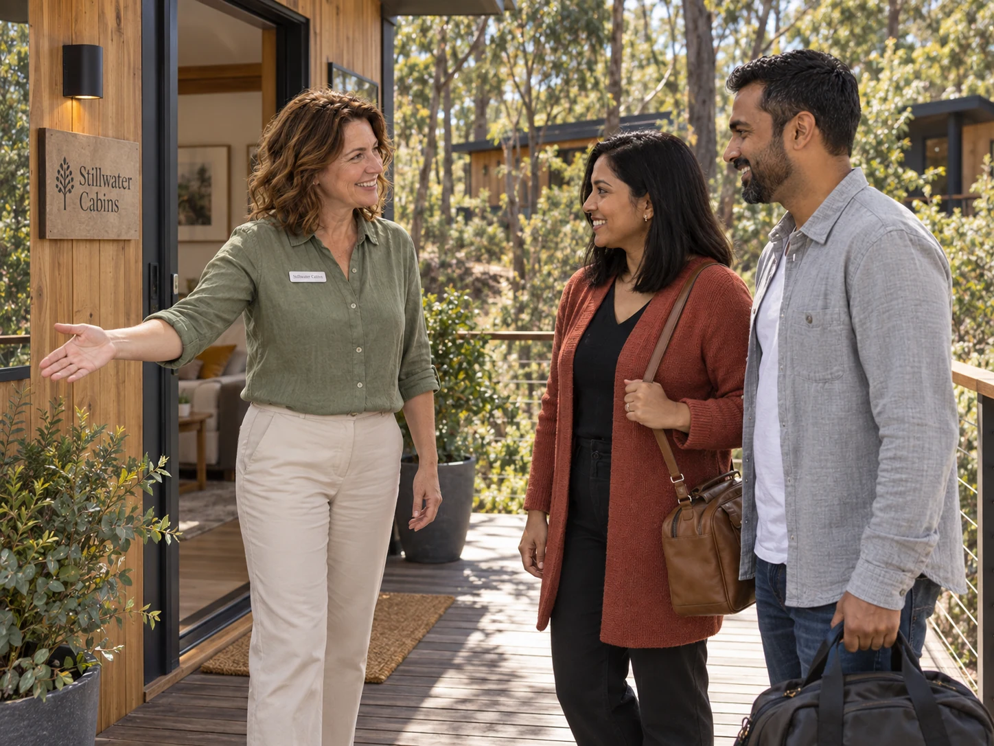 The cabin owner welcomes the two travellers at a timber cabin entrance in bushland.