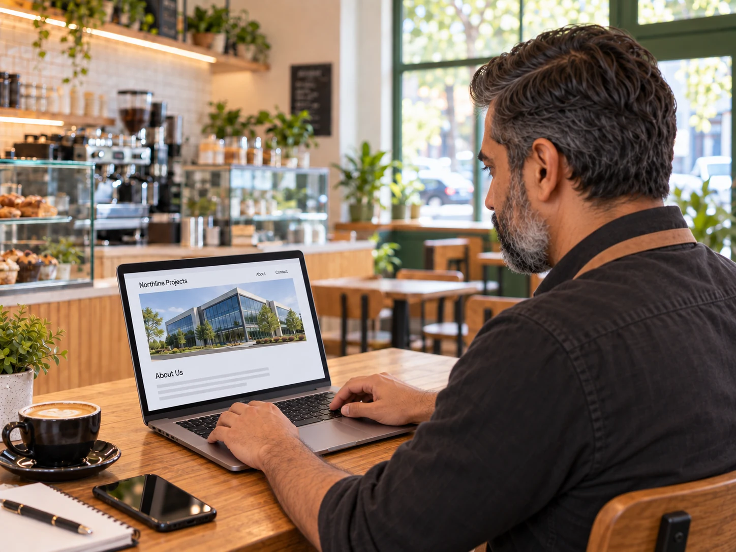 The cafe owner studies the sparse Northline Projects website from an over-shoulder view, with both hands resting naturally at the laptop keyboard.