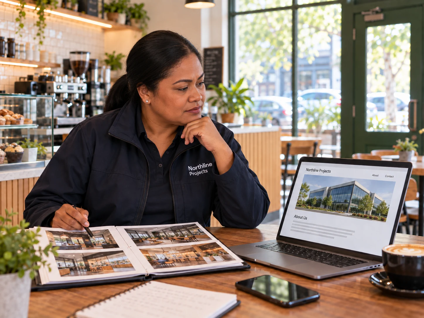 The Northline Projects owner reviews real project photographs beside the business’s limited website presentation.