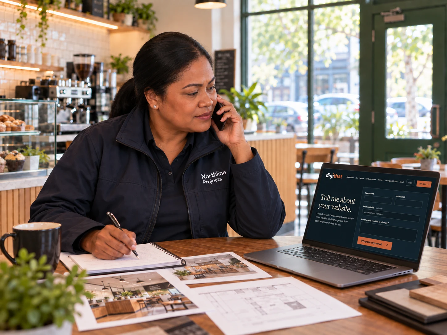 The commercial construction owner calls DigiThat beside a laptop displaying DigiThat's navy-and-orange branded enquiry page.