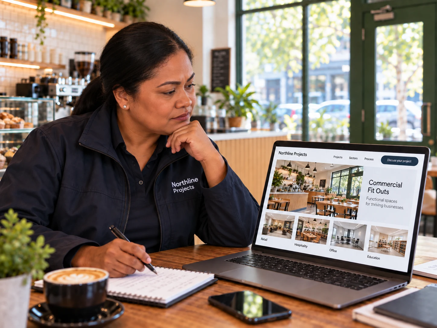 The owner reviews an illustrative website concept organising commercial sectors, relevant projects and the project-enquiry route.