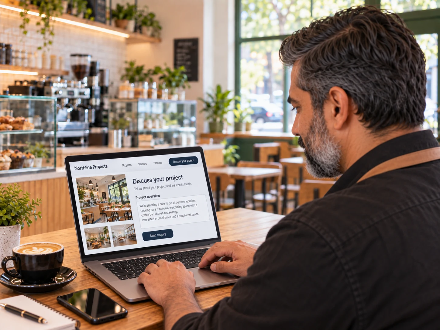 The same cafe proprietor prepares a project overview on the improved Northline website, viewed over his shoulder.