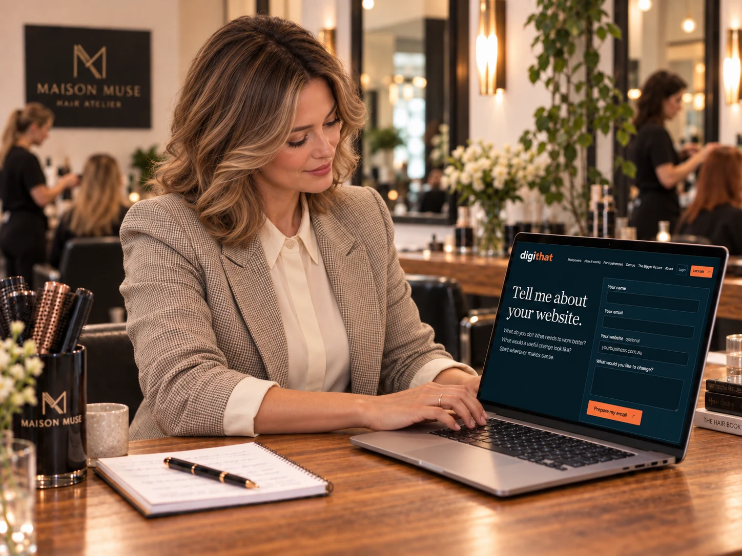 The salon owner prepares an online enquiry on DigiThat’s navy-and-orange branded website, with both hands at her laptop.