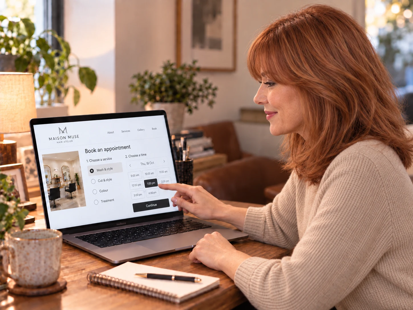 The same redhead customer chooses a wash-and-style service and an illustrative appointment time at home.