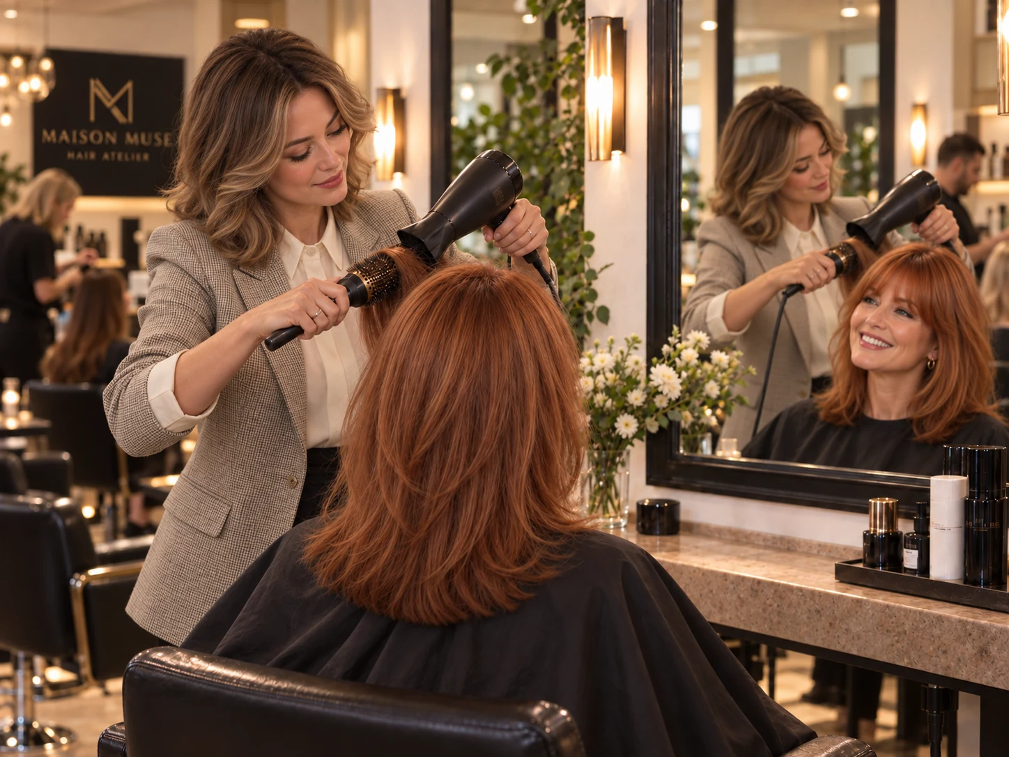 The Maison Muse owner styles the redhead customer’s hair while other staff serve clients; the mirror shows both styling tools and raised arms.