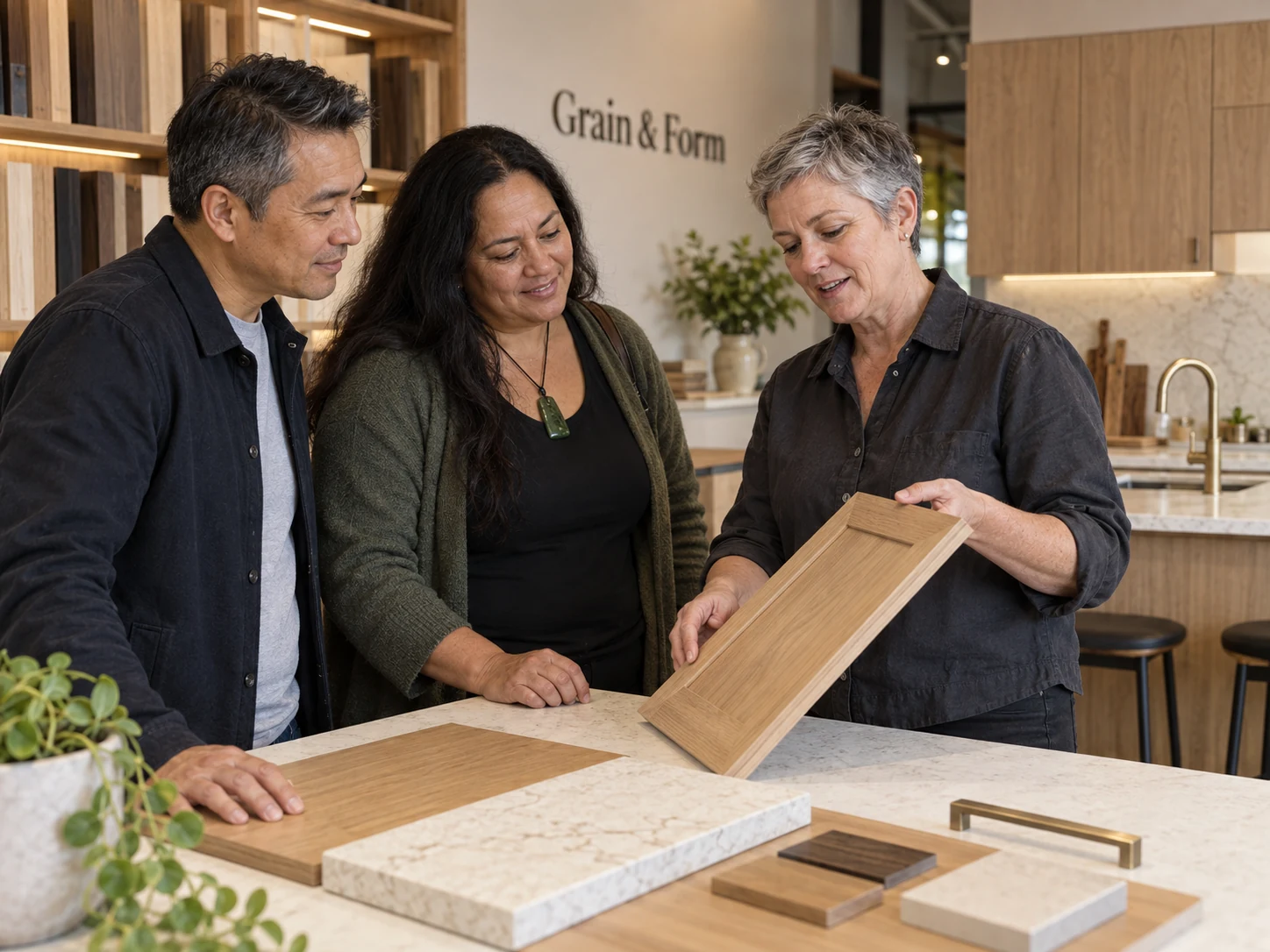 The Grain & Form designer shows material and cabinetry details to a homeowner pair in the showroom.