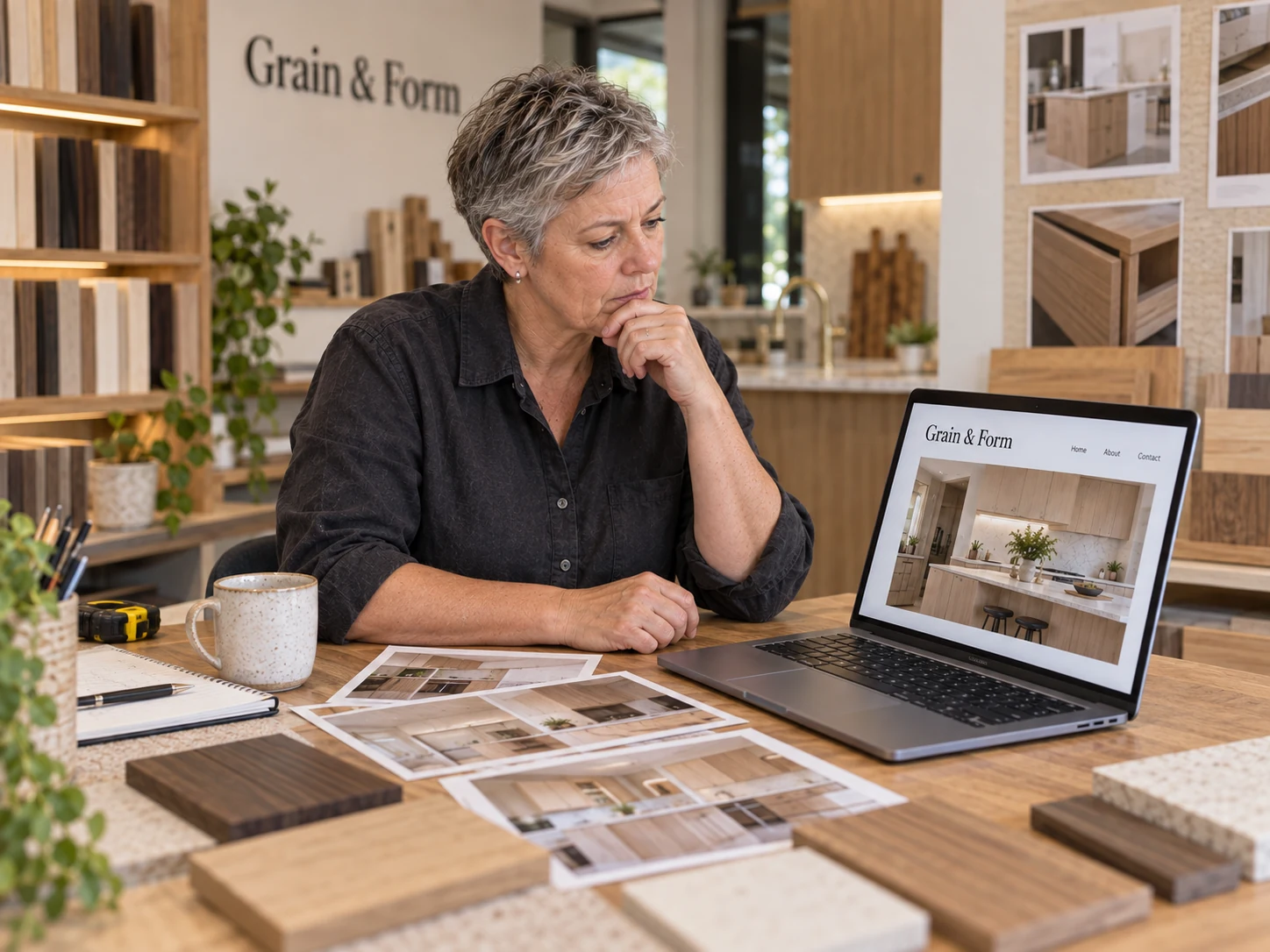 The joinery owner reviews the website alongside project photographs and material samples in the showroom.