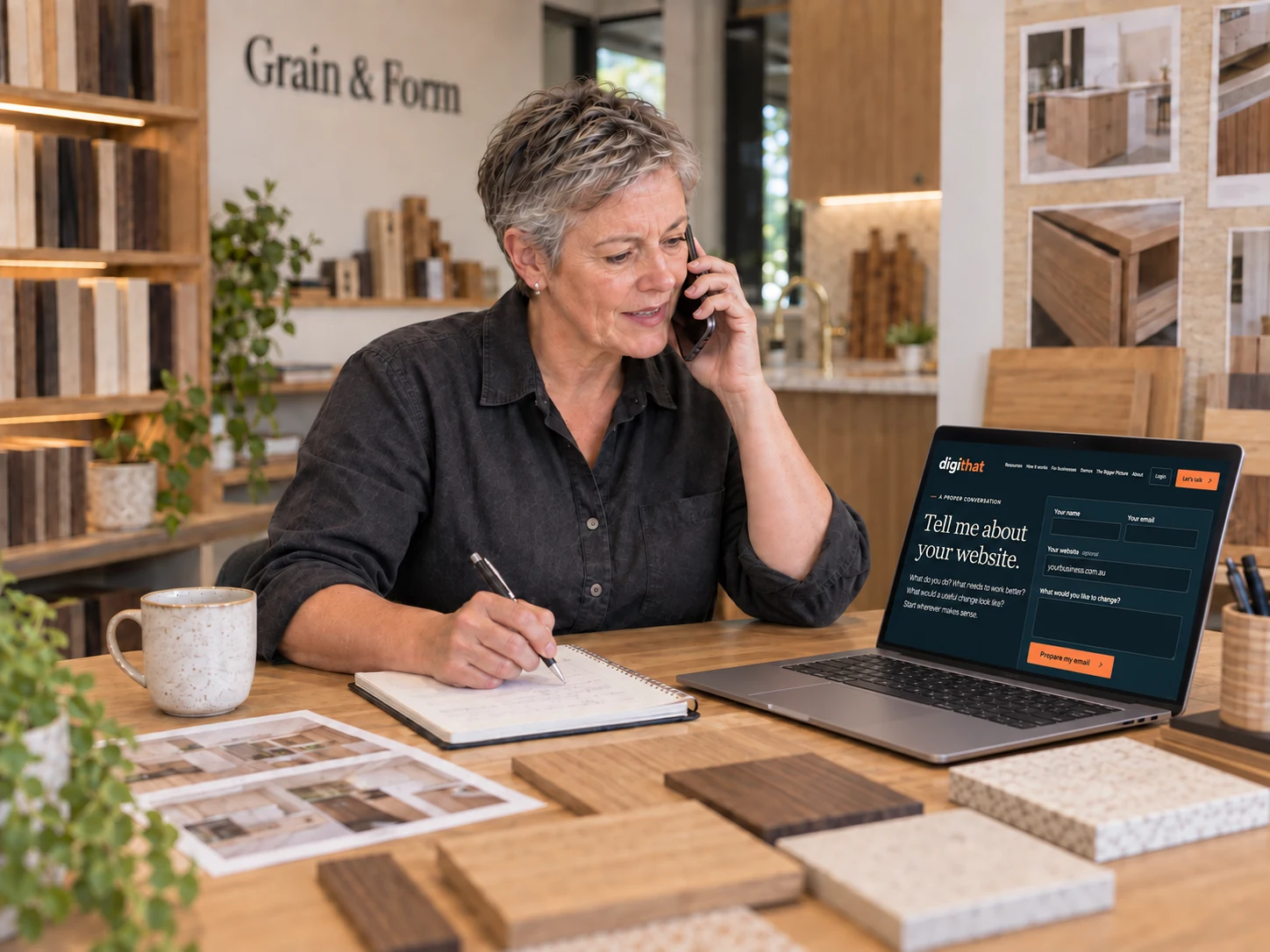 The kitchens & joinery owner calls DigiThat beside a laptop displaying DigiThat's navy-and-orange branded enquiry page.