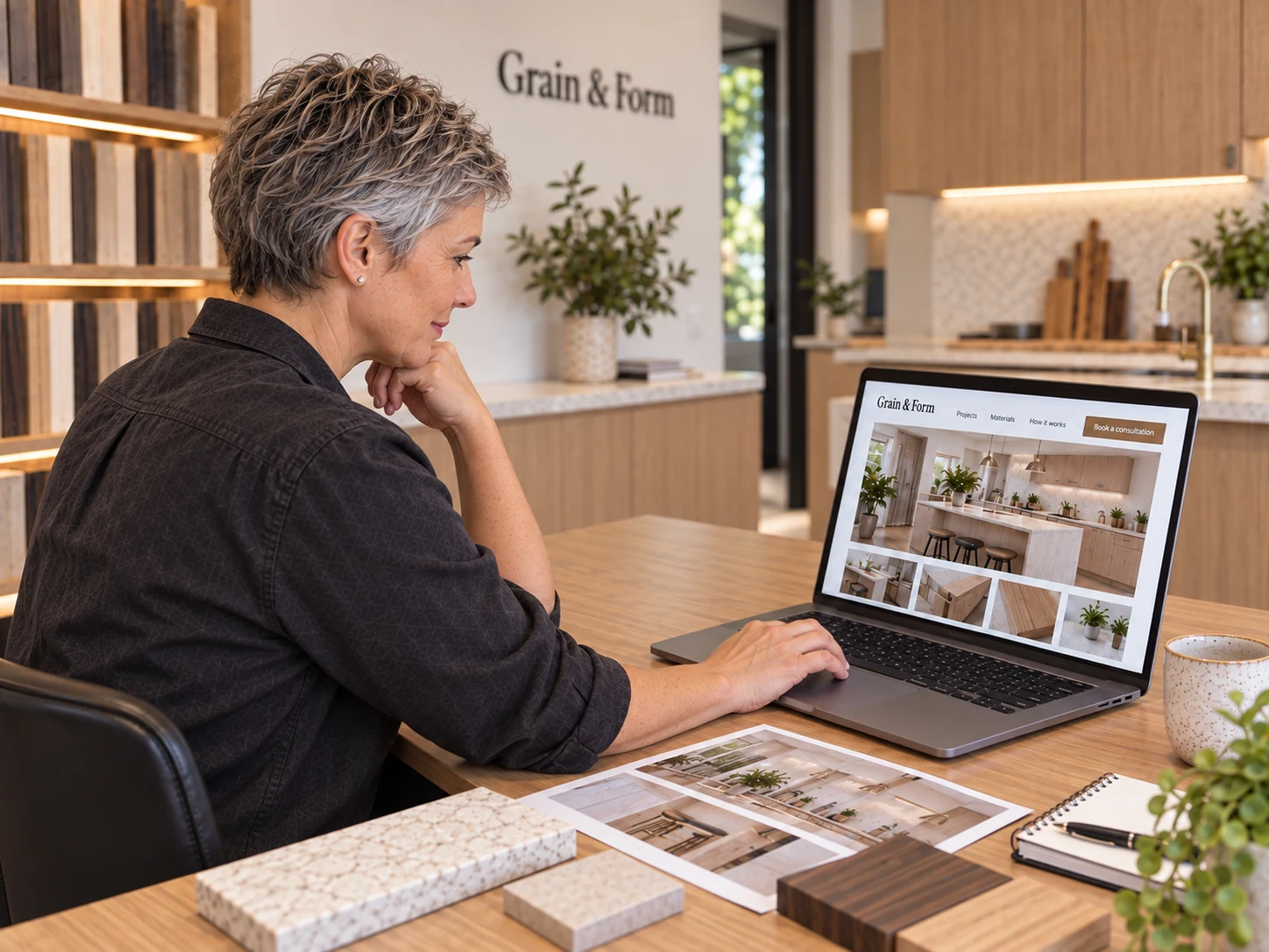 The Grain & Form owner reviews the improved website from the side, with her forearm and hand resting naturally on the laptop.