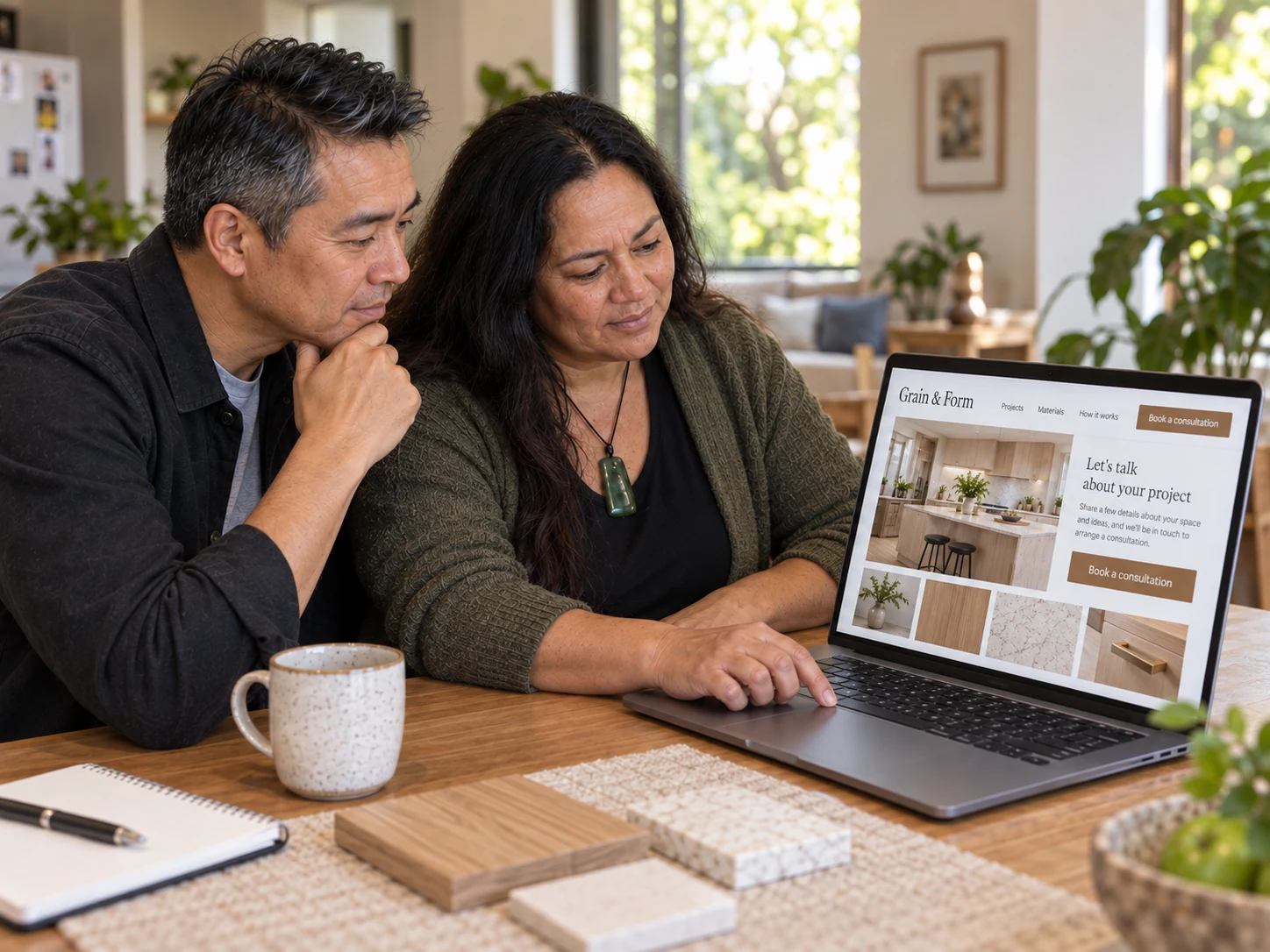 The same homeowners explore the Grain & Form consultation route together, with timber and stone samples beside their laptop.