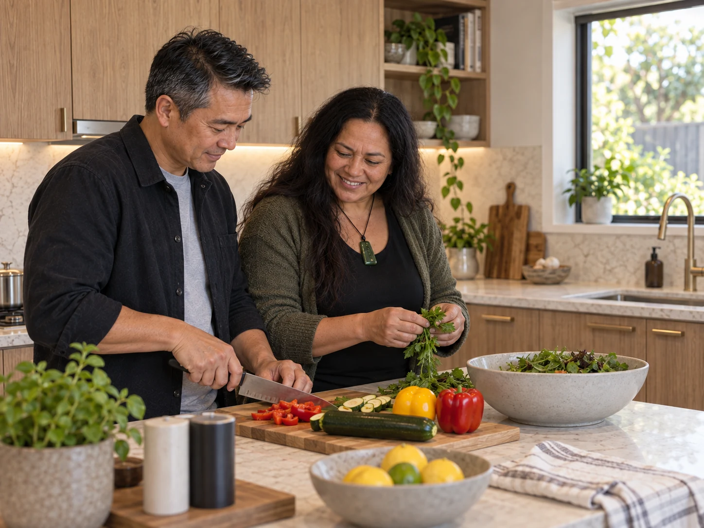 The homeowners enjoy an ordinary moment in the finished kitchen, with cabinetry and materials matching their project.