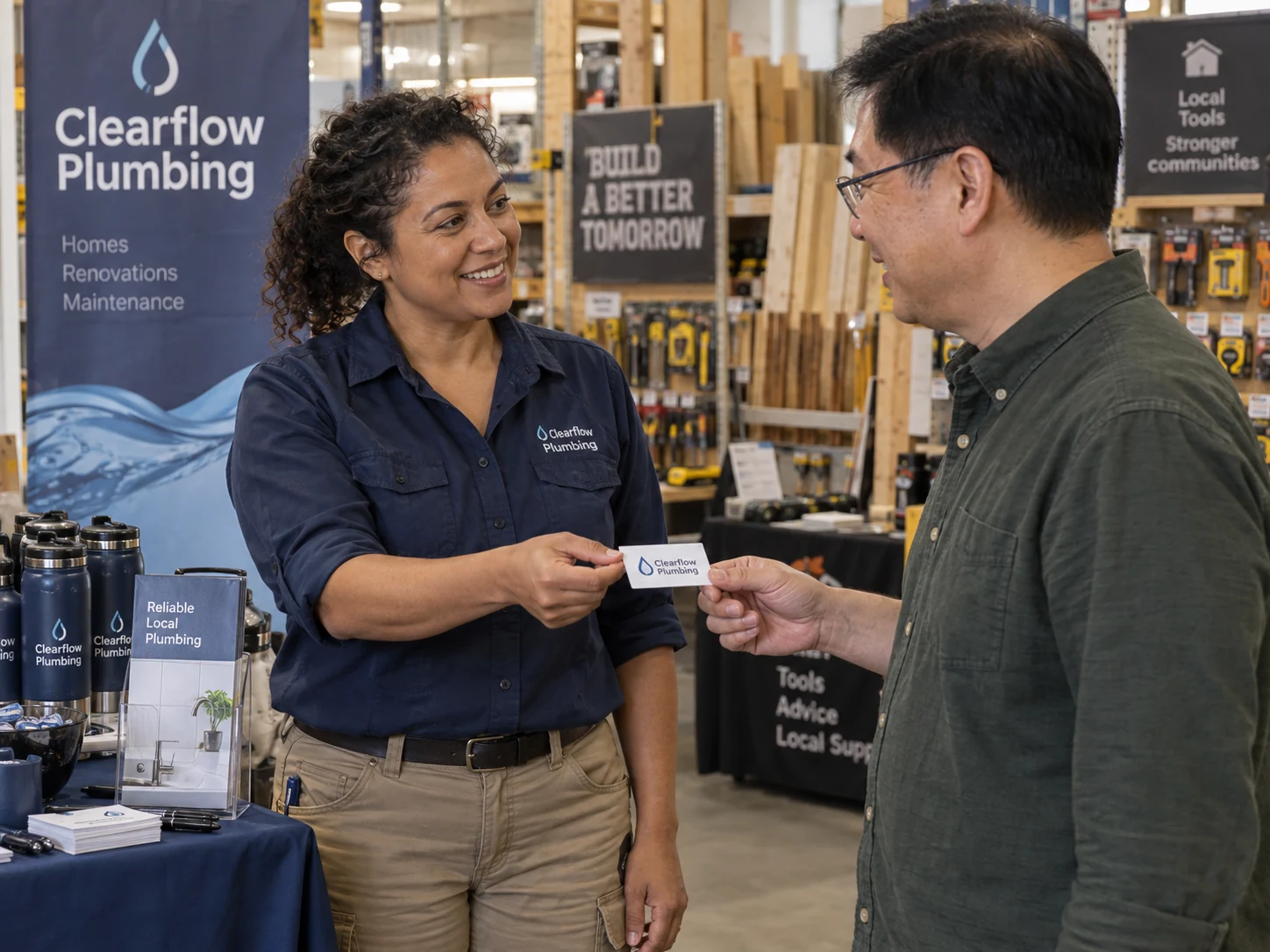 The Clearflow Plumbing owner hands her business card to a homeowner at a local hardware-store event.