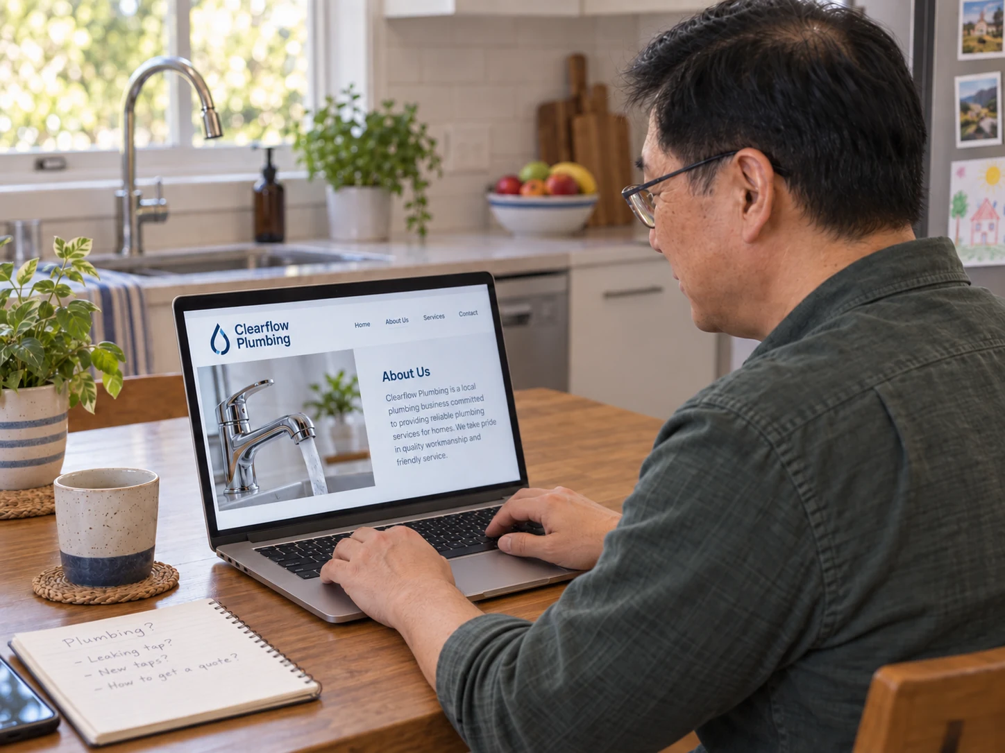A homeowner in glasses and a green shirt checks a sparse Clearflow Plumbing website at his kitchen table.