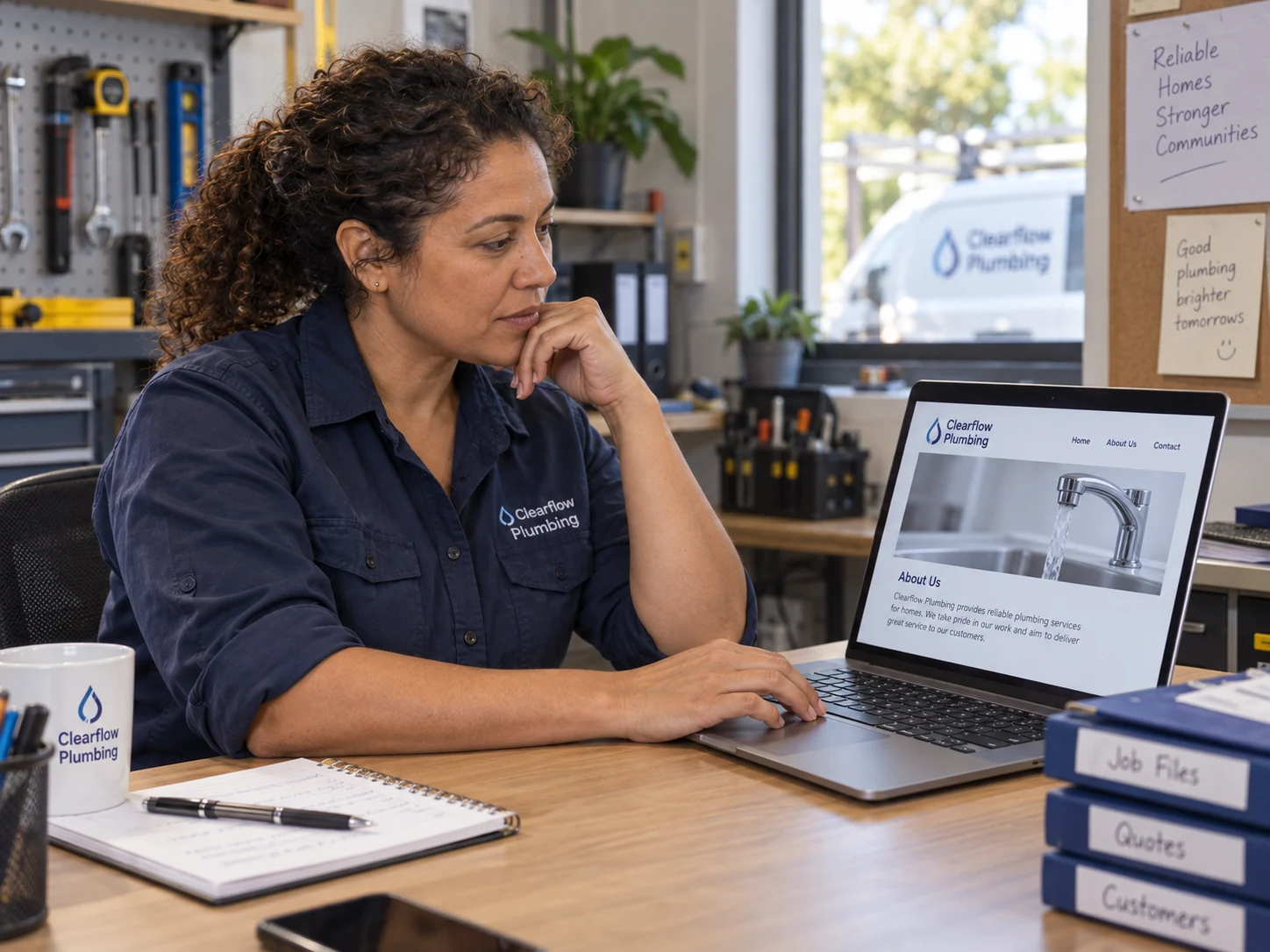 The plumbing owner reviews her existing website at a workshop desk, with job folders and tools nearby.