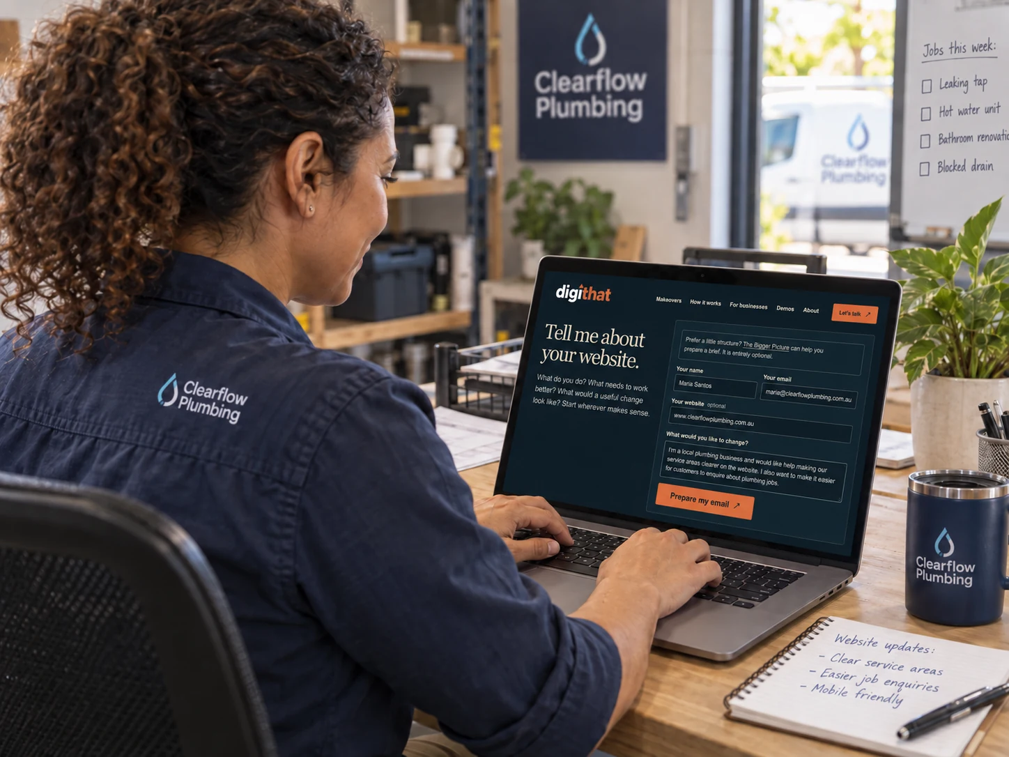 The plumbing owner types an enquiry on the navy-and-orange DigiThat website, with its logo visible on her laptop.