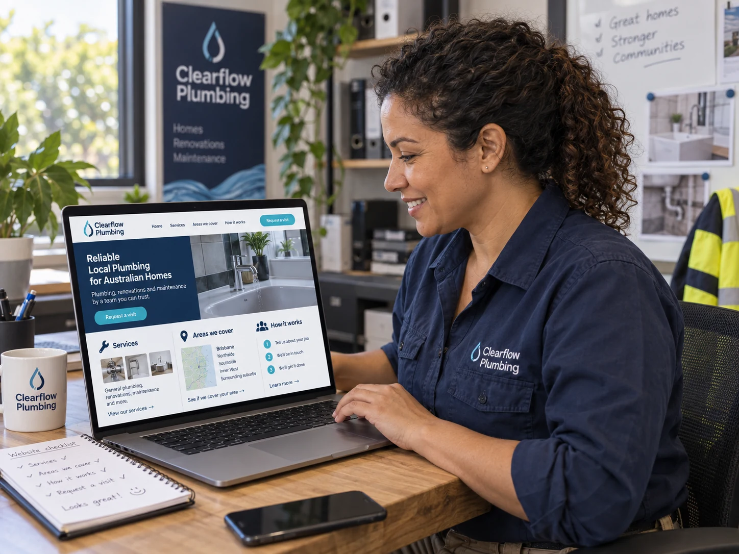 The plumbing owner reviews a clearer website showing services, service areas and a request-a-visit action.