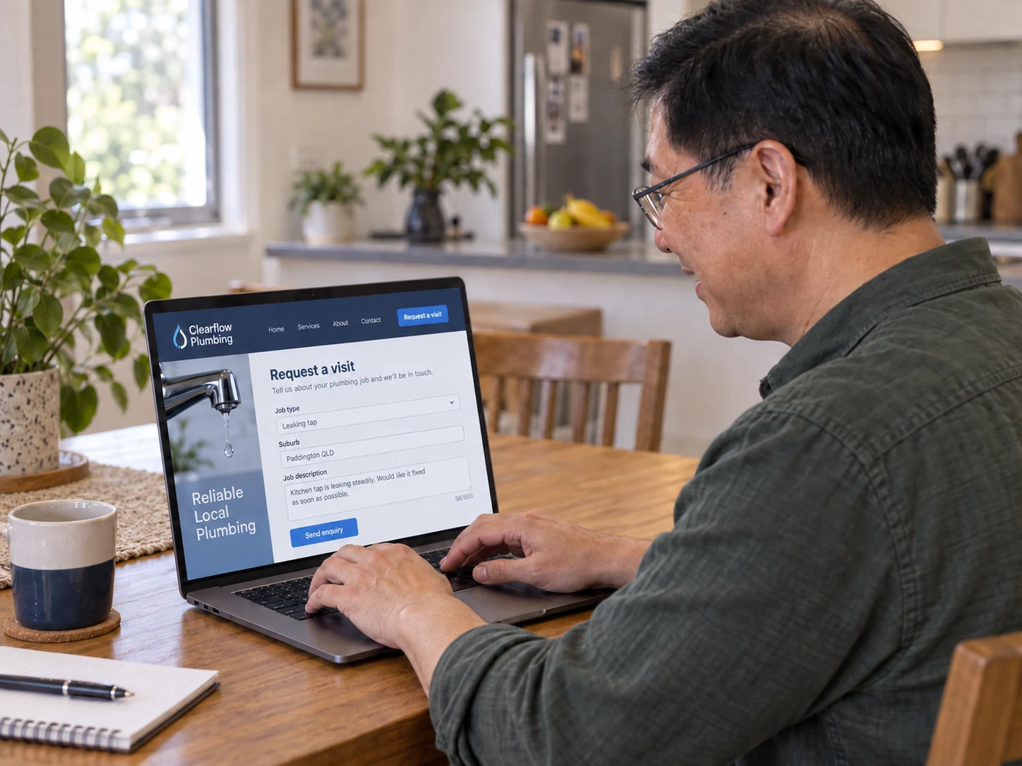 The homeowner enters a leaking-tap job and Paddington QLD into the Clearflow Plumbing enquiry form.