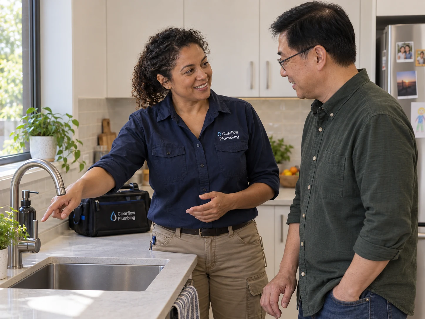 The plumber points out a kitchen tap while discussing the job with the homeowner.