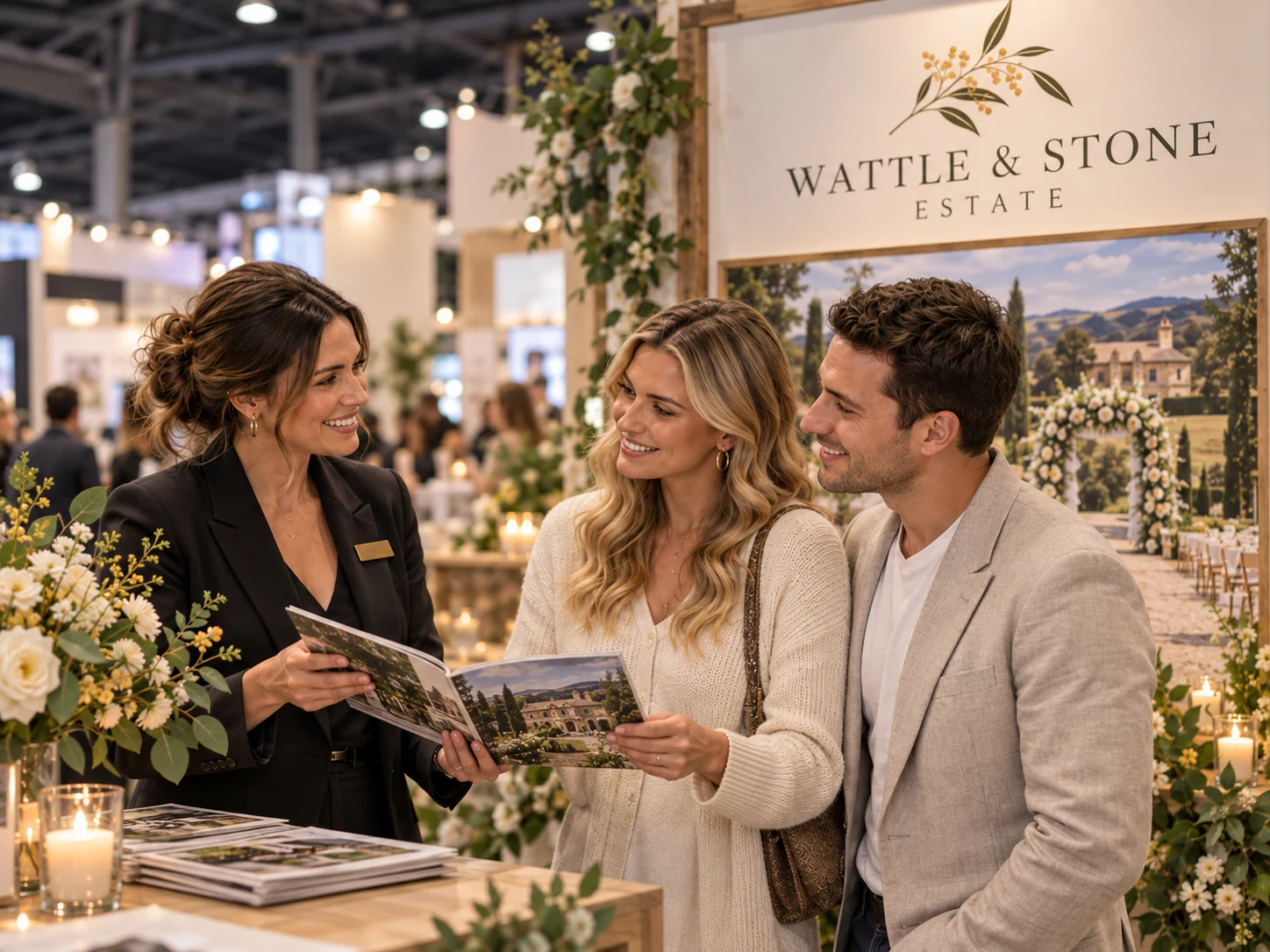 The Wattle & Stone Estate owner in black welcomes the blonde woman and brown-haired man at a wedding exhibition display.