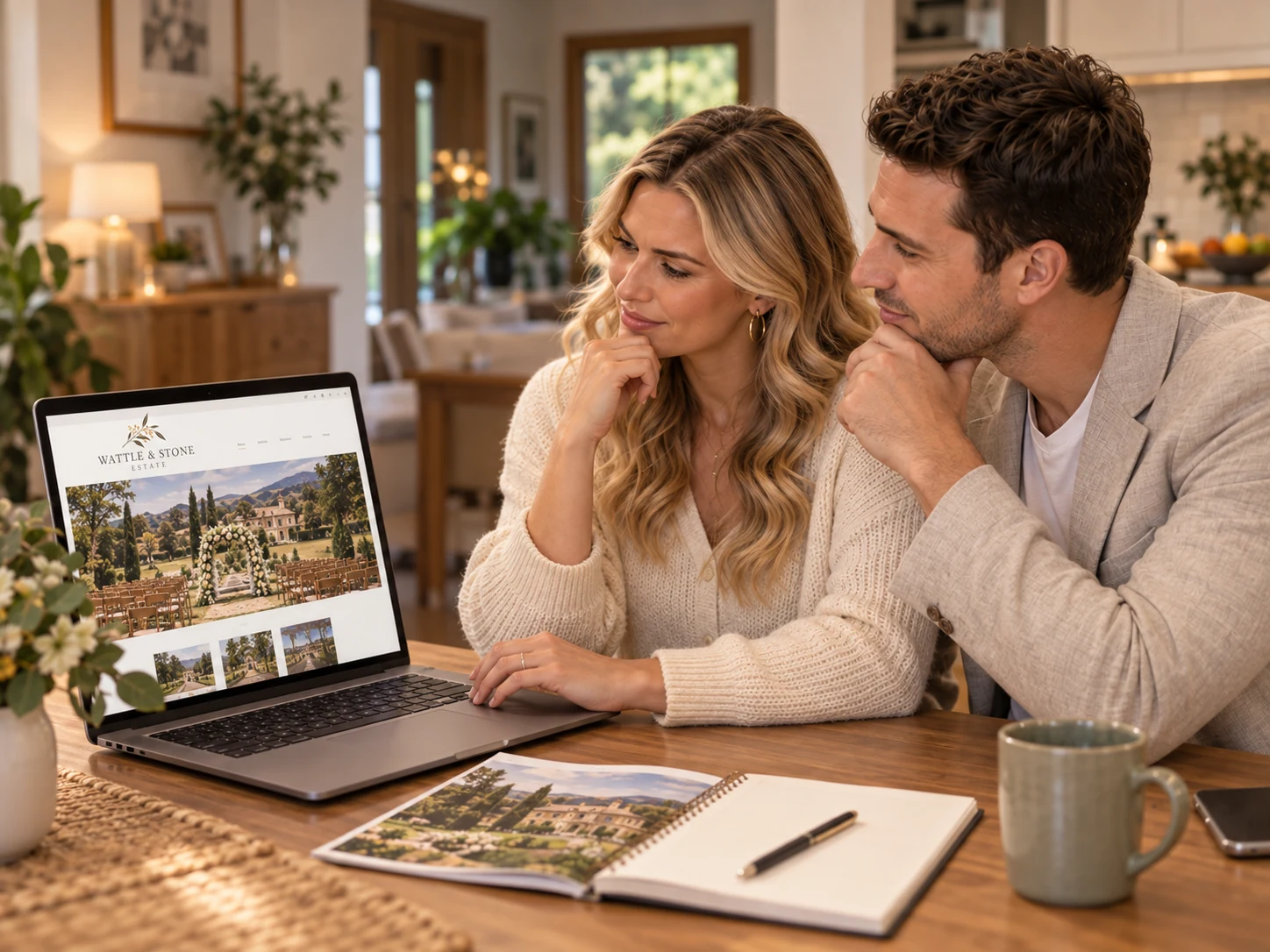 The same couple studies the venue website at home, considering the practical questions still unanswered.
