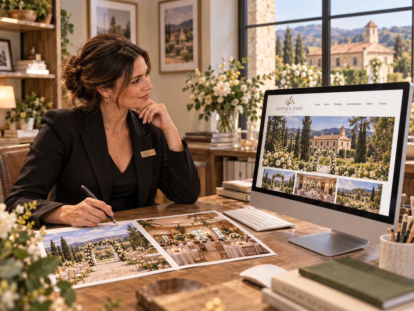 The brunette venue owner reviews the website beside photographs of the estate’s ceremony and reception spaces.