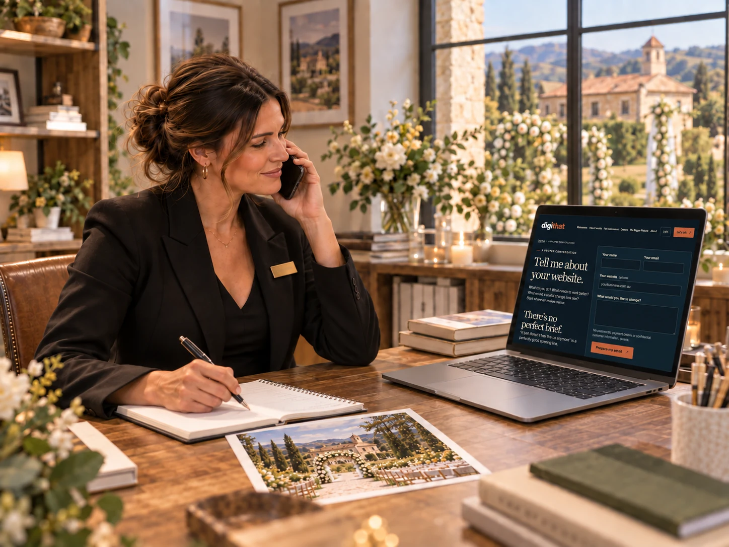 The wedding venues owner calls DigiThat beside a laptop displaying DigiThat's navy-and-orange branded enquiry page.