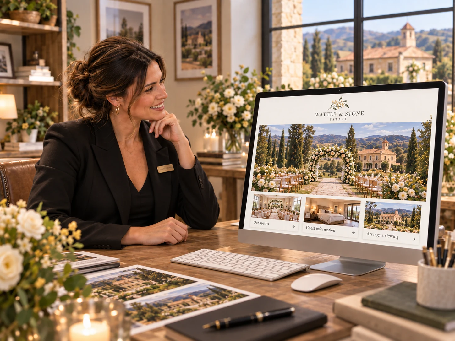 The venue owner reviews an illustrative website concept showing spaces, guest information and a viewing action for Wattle & Stone Estate.