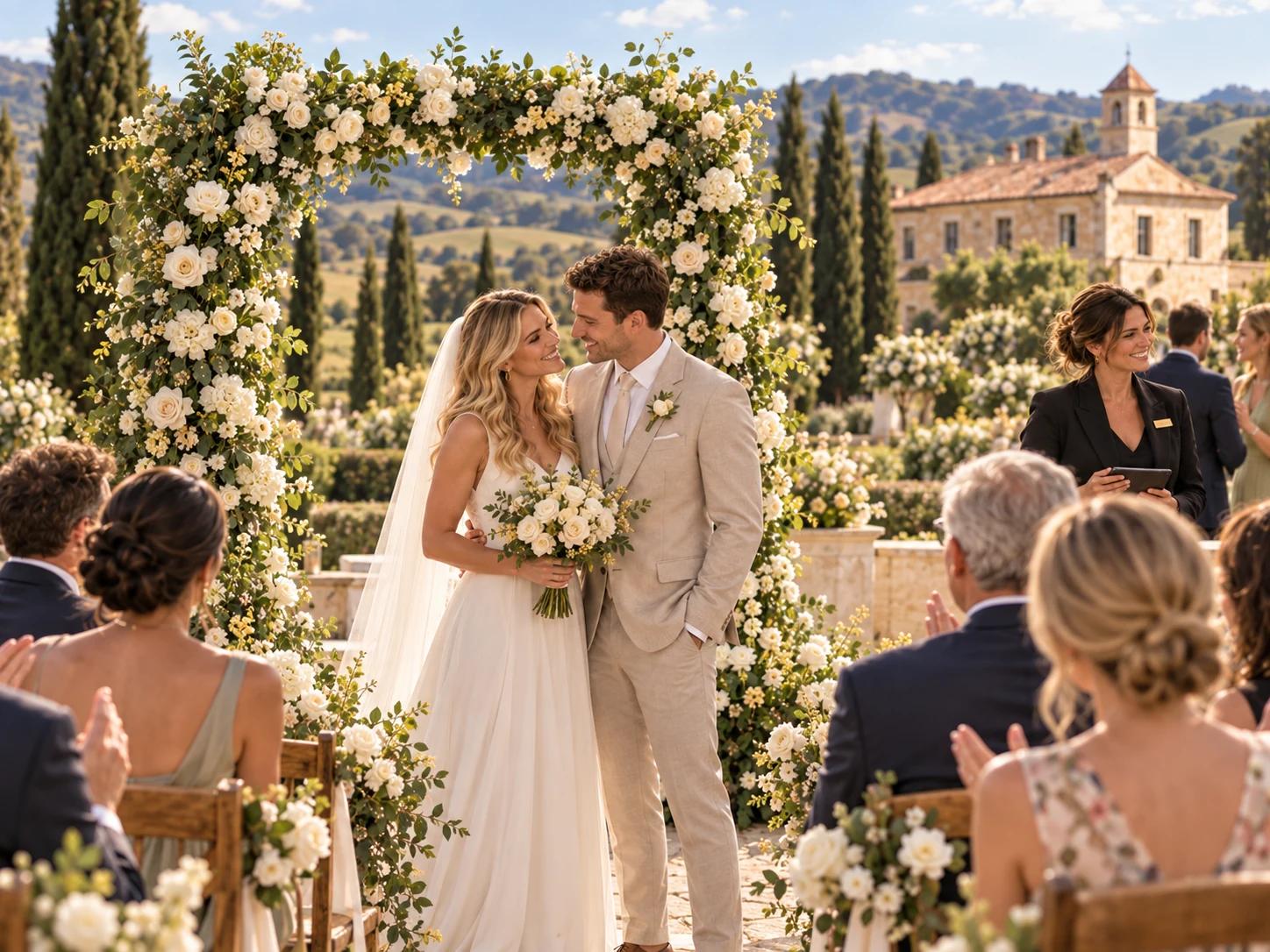 The same couple celebrates their wedding beneath the estate’s floral arch, with the owner welcoming guests nearby.