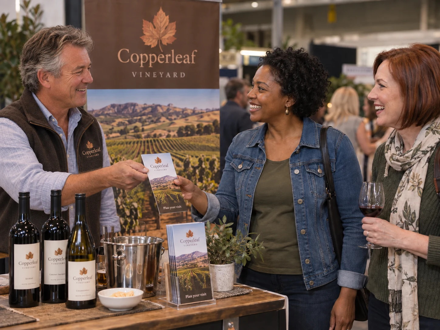 At an off-site food-and-wine festival, the Copperleaf owner hands a branded folded brochure to the same two women who later plan a winery visit.