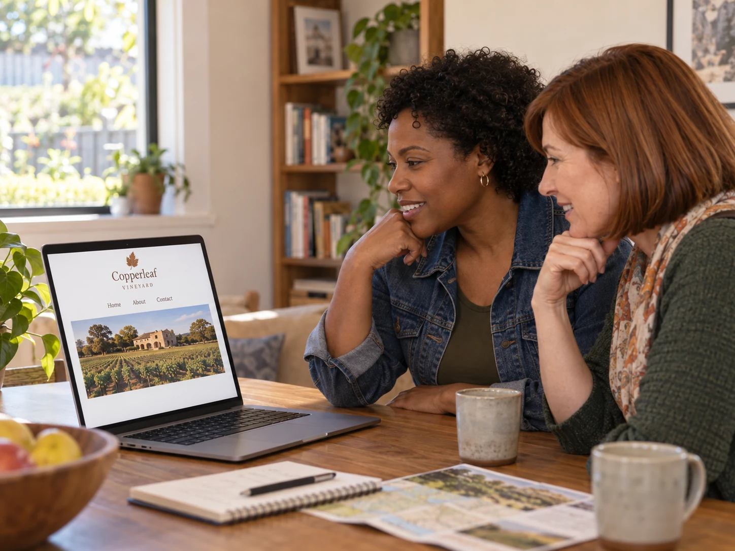 The same two visitors look for tasting choices and visit information on the winery website.