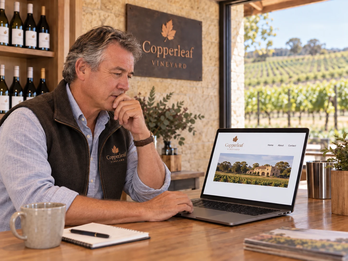 The winery owner reviews recurring visitor questions beside the existing website in the cellar door.
