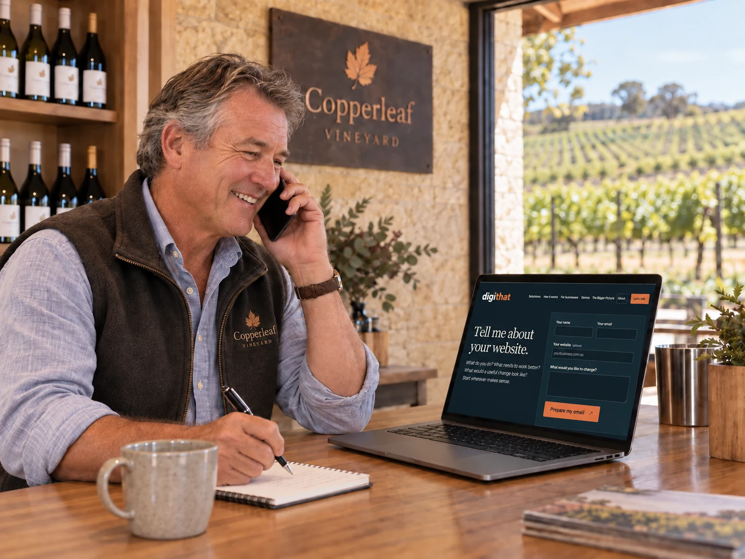 The wineries owner calls DigiThat beside a laptop displaying DigiThat's navy-and-orange branded enquiry page.