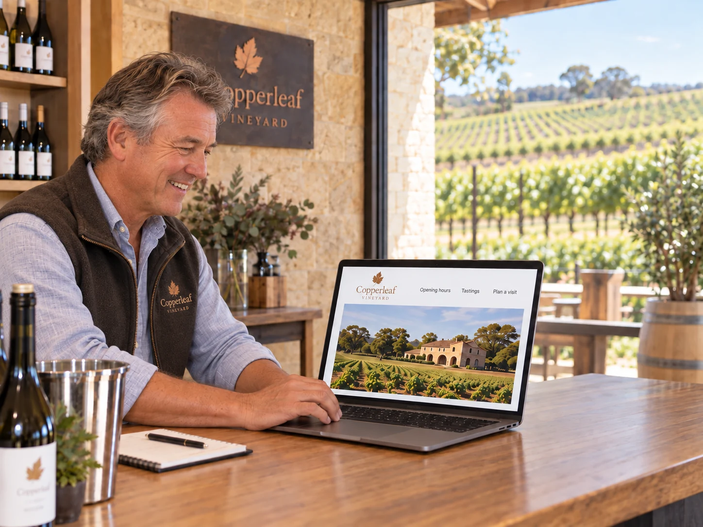 The owner reviews an illustrative Copperleaf Vineyard concept with vineyard photography, visit information and a tasting action.