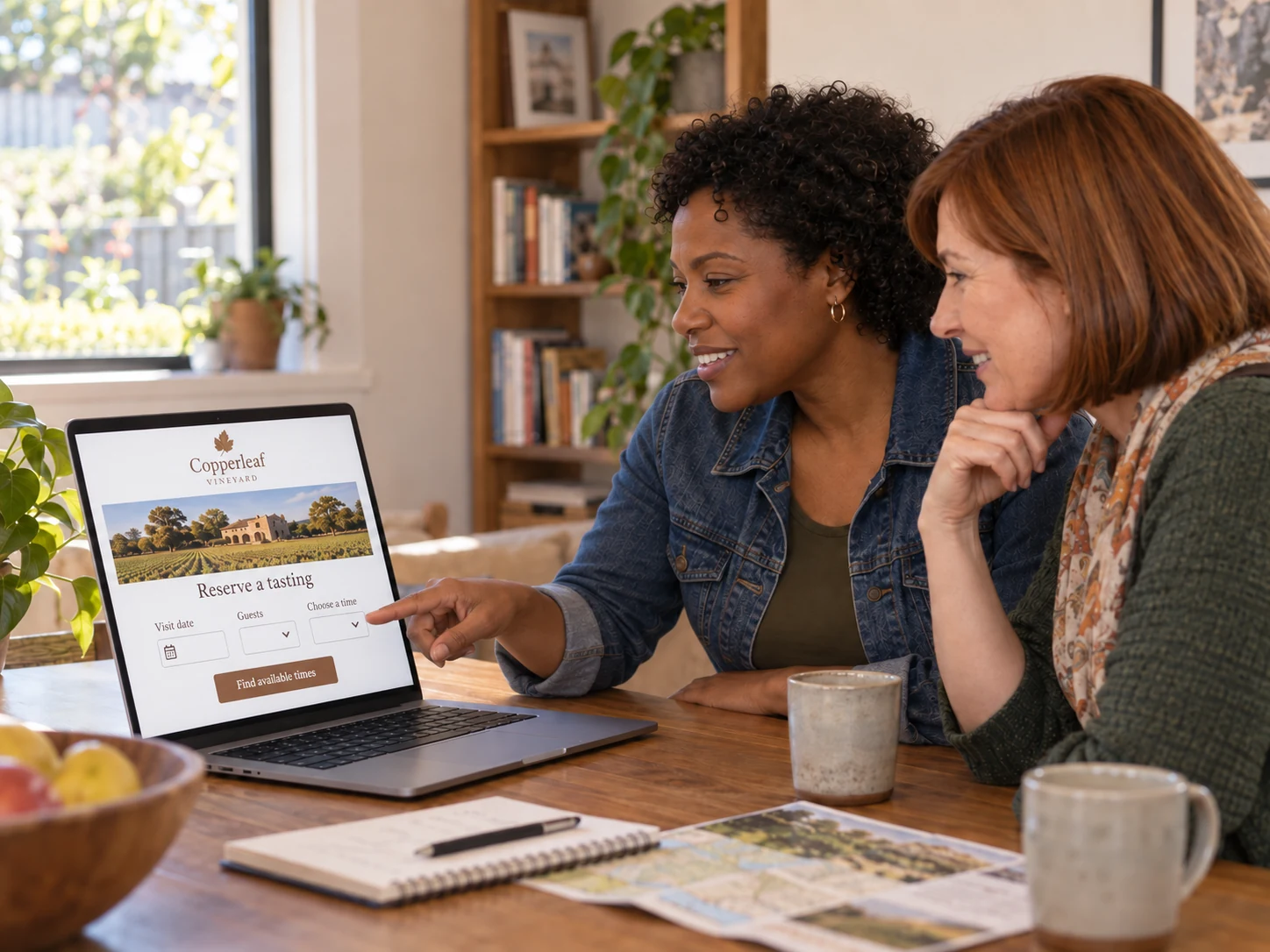 The same two visitors select a cellar-door tasting time through the clearer website.