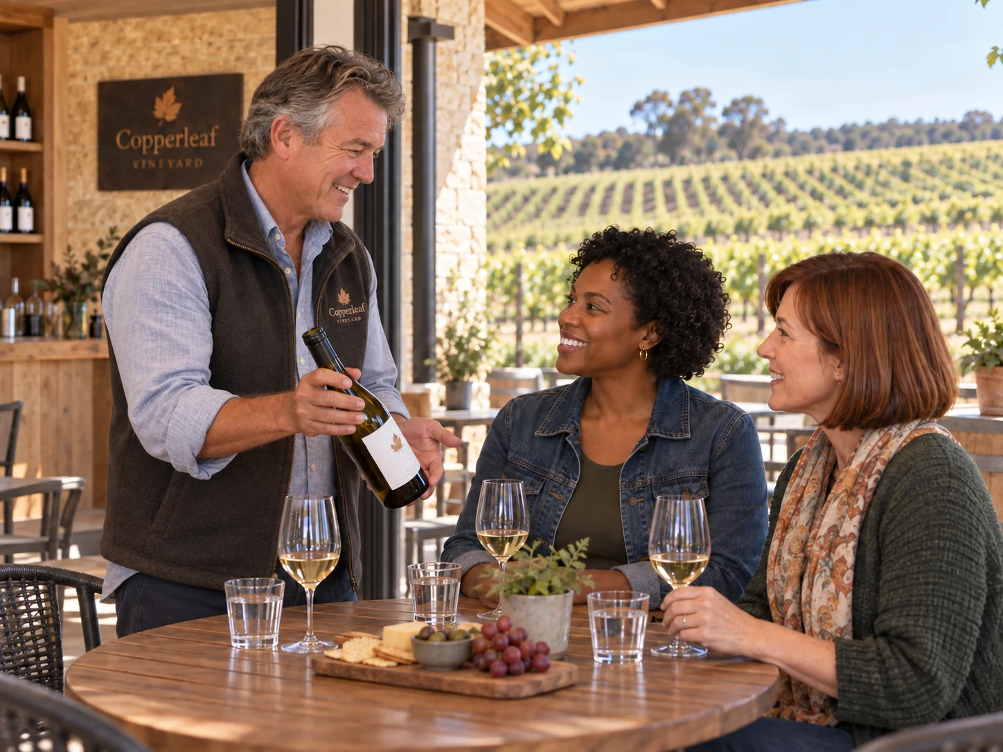 The visitors enjoy a relaxed cellar-door tasting with the same host and vineyard behind them.