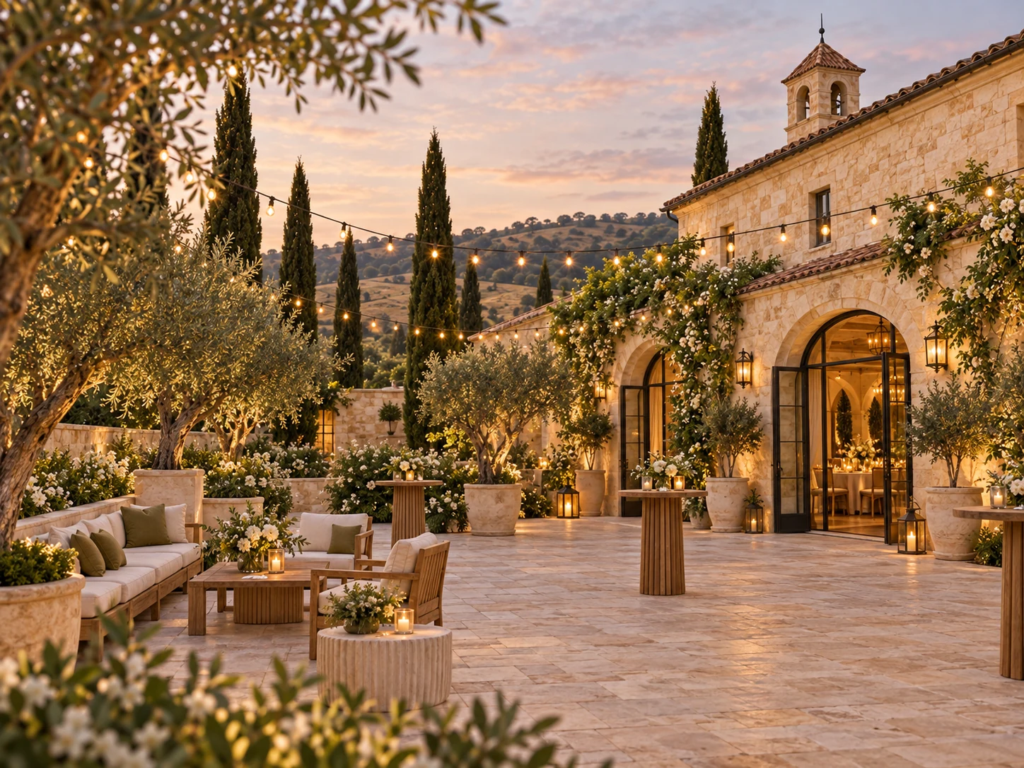 The sheltered courtyard with olive trees, relaxed seating and soft evening lights.