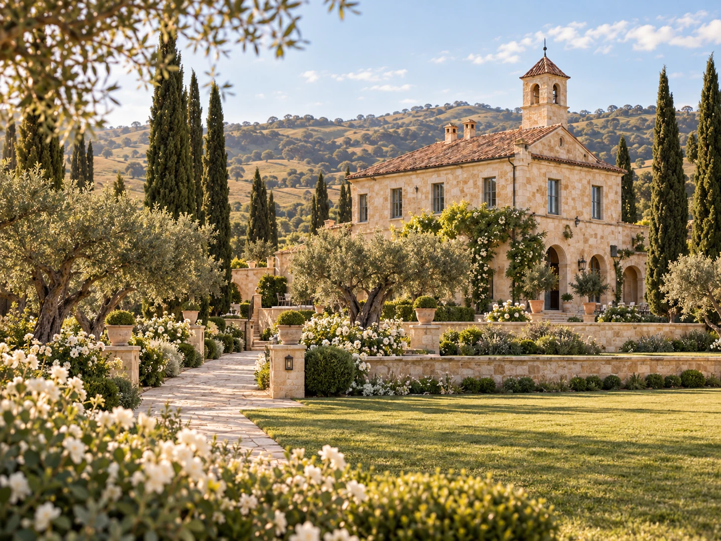 The honey limestone estate, terracotta tower and gardens overlooking the hills.